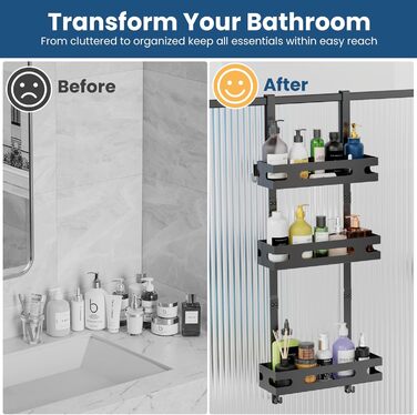 Настінна поличка для душу YEAUPE PRO 3 яруси – органайзер для ванної кімнати без свердління, з 2 присосками, 6 гачками, чорний, до 18 кг