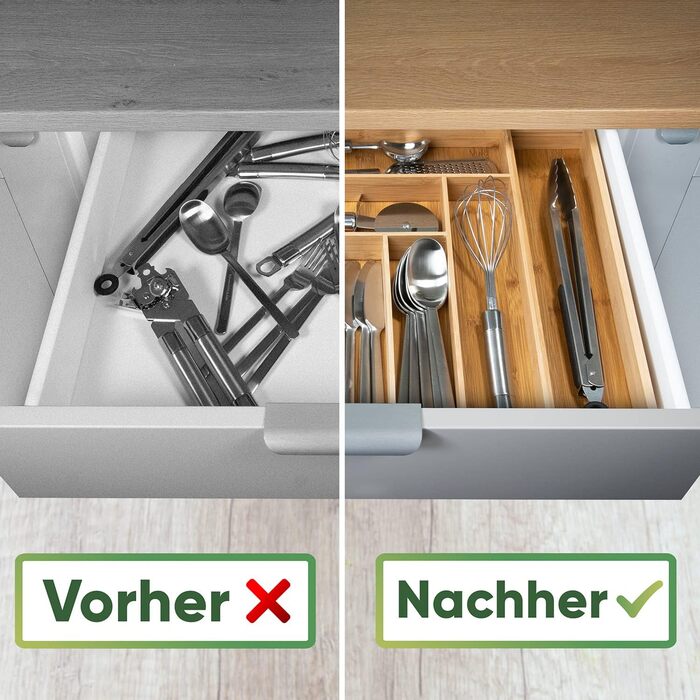 Loco Bird Cutlery Box for Drawers made of Bamboo - Adjustable Drawer Organizer Kitchen Wood - Cutlery Insert for Drawers Pull-out up to 50cm - Drawer Insert Kitchen - Cutlery Organizer