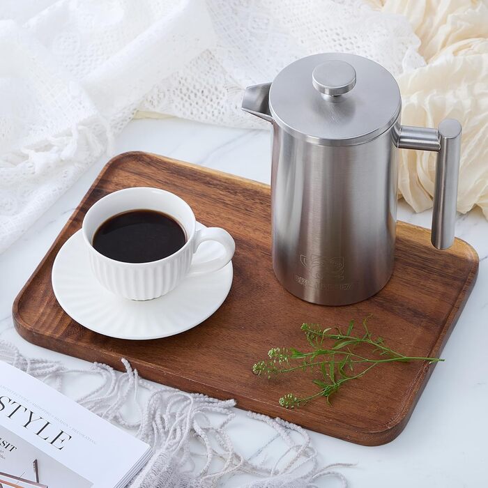 Набір для приготування кави френч-прес, термоізольований, з пітчером для спінювання молока, з нержавіючої сталі, 1 літр