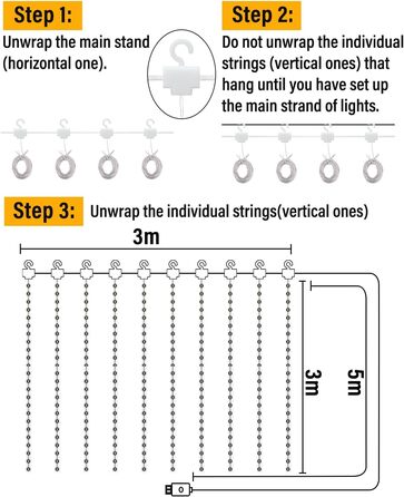 Ланцюжок-завіса світлодіодна 3x3м, 300 LED, USB, 8 режимів, пульт, IP65, тепле світло, для декору, свята, вечірки