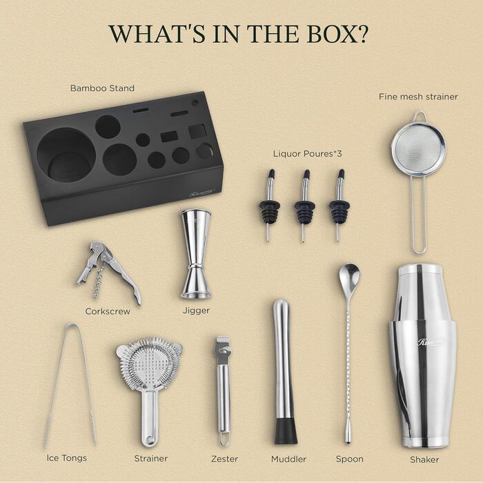 Набір для коктейлів KITESSENSU Boston Shaker: професійний шейкер, джигер, ситечко, мадлер, аксесуари для бару - 15 предметів, чорна підставка