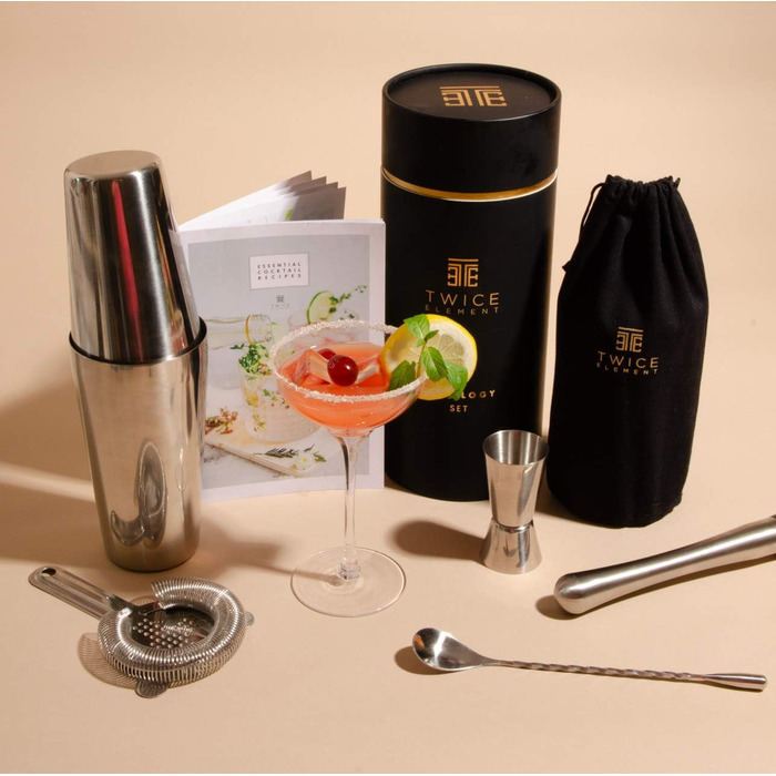 Cocktail Shaker Set - Stainless Steel Shaker in Boston Style | Rich Accessories for Easy Handling | Bonus Recipe Book, Elegant Gift Box & Storage Bag (Black)