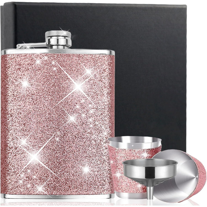 Фляга з нержавіючої сталі з воронкою та 2 склянками для шнапсу, рожевий стакан для шотів, портативна фляга, пляшка для віскі, шкіряна 8oz/240ml, для подорожей, вечірок, кемпінгу, подарунок