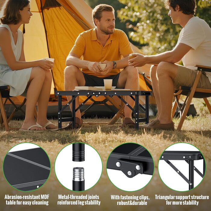 Складний кемпінговий стіл GARLLEN 60x40 см, регульована висота (27/51/75 см), чорний - для пікніка, саду, балкону, пляжу