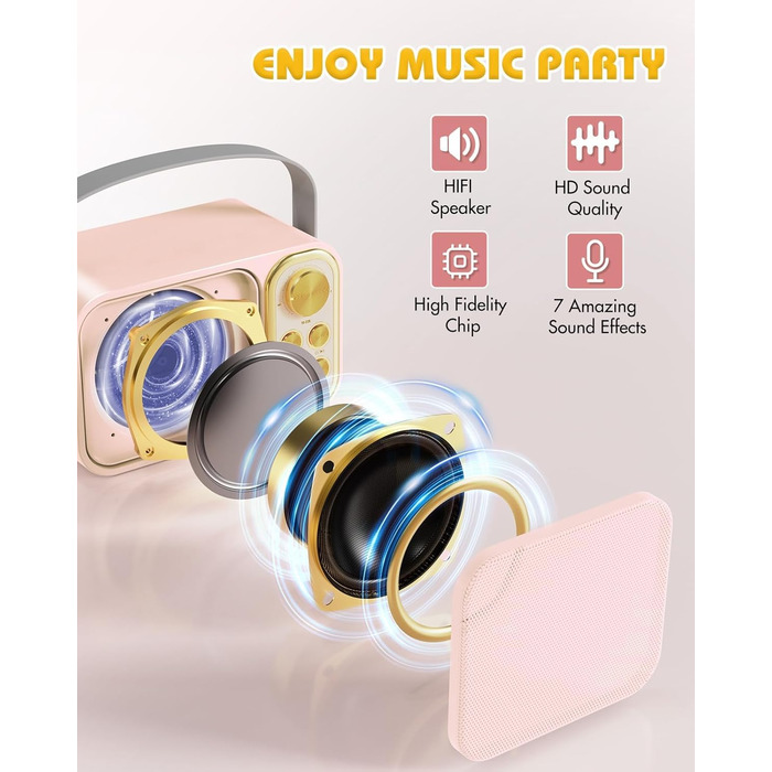 Караоке машина з 2 мікрофонами, портативна Bluetooth колонка для дітей та дорослих, 7 голосових ефектів, ідеально для вечірок та днів народження, рожева