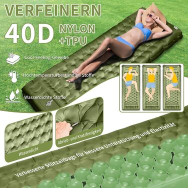 ARFNKIM Self-Inflating Camping Mat - 12cm Thick Sleeping Pad with Foot Pump & Pillow - Lightweight, Compact, Waterproof for Outdoor Use (Green)