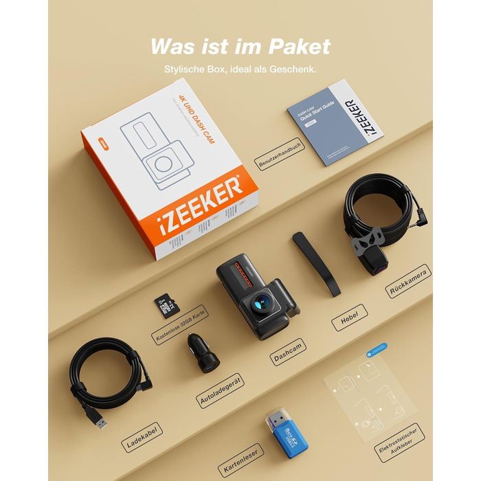 iZEEKER 4K Автомобільний відеореєстратор (Dashcam) з Wi-Fi, 32GB SD-карткою, двоканальний запис 4K+1080P, IPS-дисплей 2.99', Нічне бачення, G-сенсор, Запис по колу, Паркувальний режим 24/7