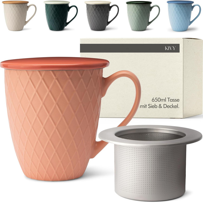 KIVY Large Teacup with Lid and Infuser [650ml] XXL Large Cup - Jumbo Cup - Large Teacup - Teacups - Tea Mug - Tea Cup with Lid - Teacup with Infuser - Large Cup - Teacup with Lid