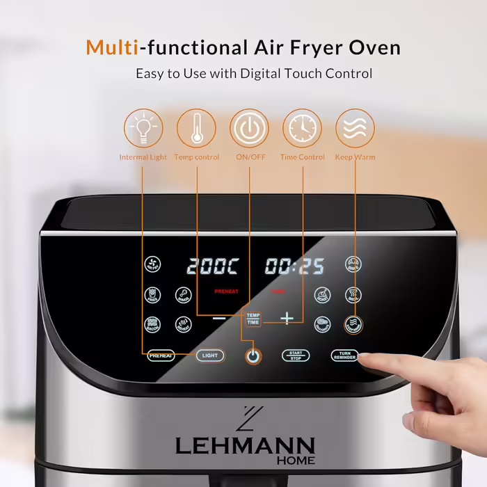 Lehmann Hot Air Fryer XXL with 8L Basket and Viewing Window, Oil-Free Fryer with Lighting, 1800W, Temperature Control up to 200° C, Airfryer with up to 10 Programs, Timer and Touch Display