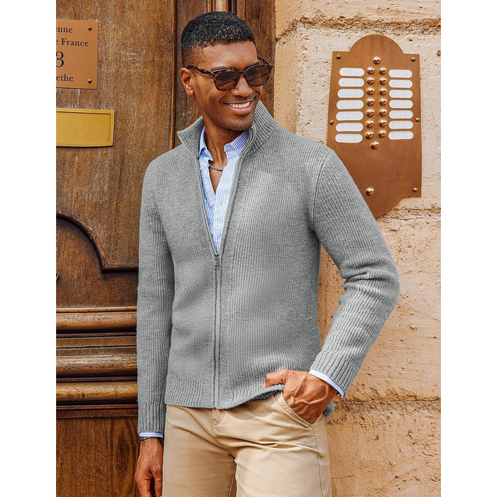 Чоловіча в'язана куртка-трікжак PJ PAUL JONE з коміром-стійкою та блискавкою, світло-сіра (L)