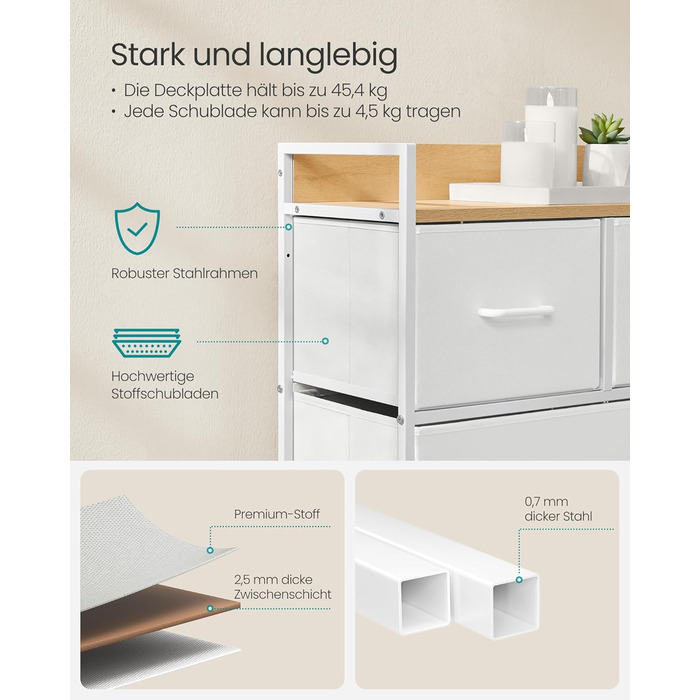 SONGMICS Chest of Drawers, Cabinet, 7 Fabric Drawers with Handles, Metal Frame, Industrial Design, Vintage Brown-Ink Black LTS137B01 (Cloud White + Oak Beige, 29W x 98.2D x 70H cm)