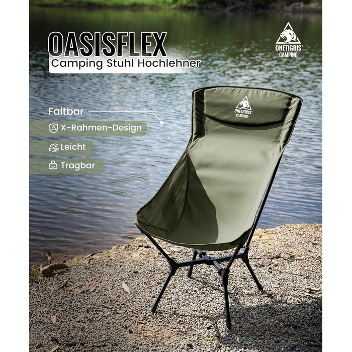 Кемпінговий стілець OneTigris OASISFLEX складний, високий, до 150 кг, зелений Ranger. Стілець для риболовлі, туризму з бічними кишенями