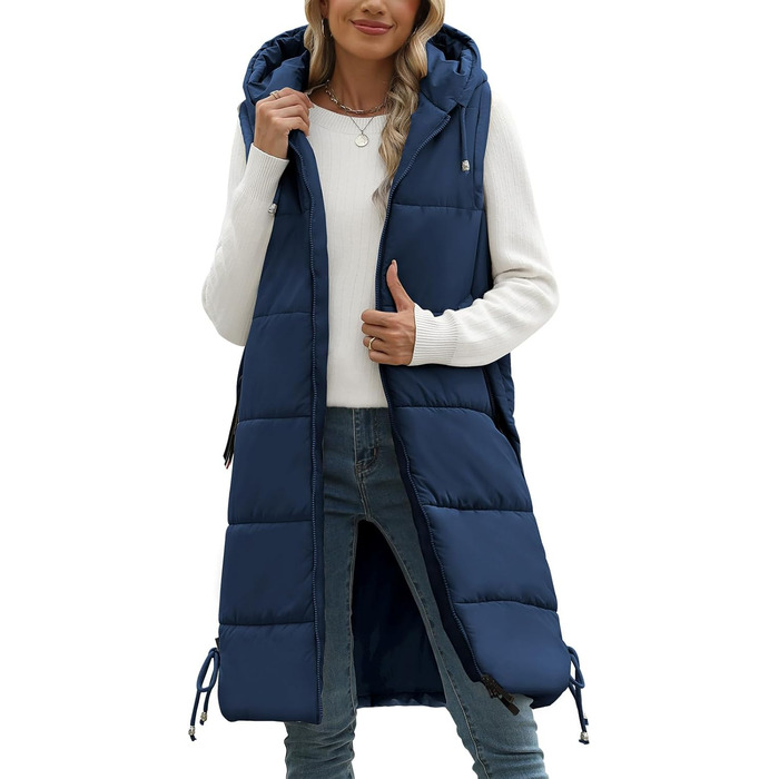 Жіноча довга стьобана жилетка Vancavoo з капюшоном, тепла зимова жилетка, довга жилетка (Морська синя, S)