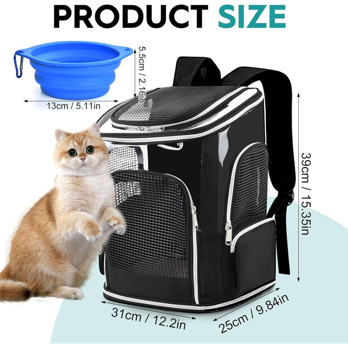 Рюкзак для кота та собаки: зручний та легкий для подорожей та прогулянок (до 9 кг), з сіткою та мискою, чорний