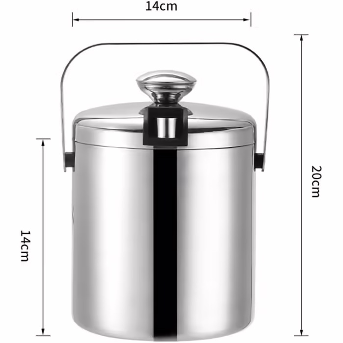 Stainless steel ice container with lid including tongs and strainer. Made from food-grade 304 stainless steel, double-walled insulated ice cube container with carrying handle for optimally cooled ice cubes (1.3L)