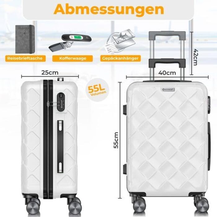 Валіза KESSER® 120L з ABS-пластику з кодовим замком, вагами та органайзером, 360° обертання, для подорожей та бізнесу, телескопічна ручка, білий (55см)