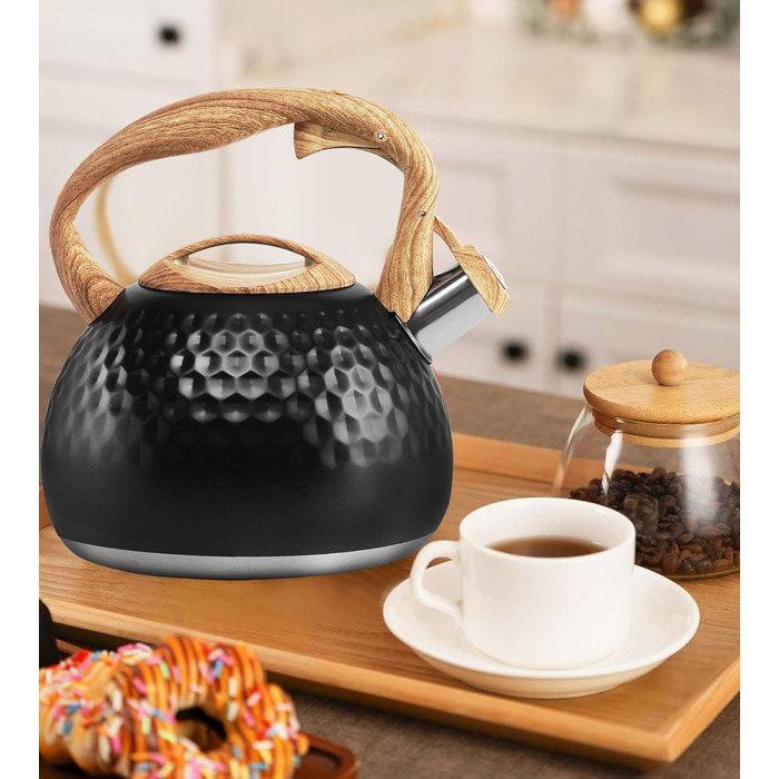 Чайник-свисток Foedo з нержавіючої сталі з дерев'яною текстурою, 3.2 л, для чаю, кави та молока, класичний дизайн, червоний (Чорний-6)