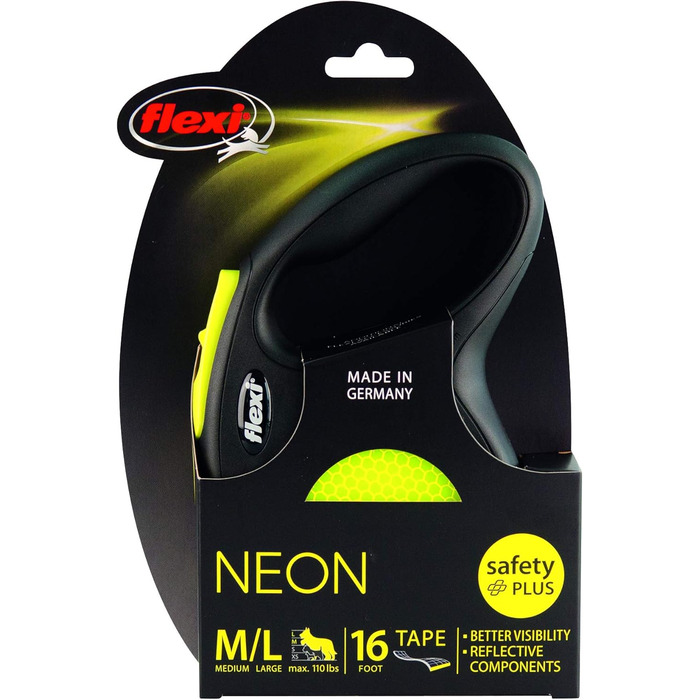 Гнучка повідкова стрічка Neon для собак з відбиваючим елементом, ергономічна, міцна та не заплутується, 4,8 м, розмір L, неонові кольори/чорний
