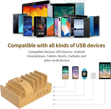 Багатофункціональна заряджна станція 5-в-1 з бездротовою зарядкою, світлом та годинником, бамбук, сумісна з годинниками, AirPods, Samsung Galaxy та іншими пристроями