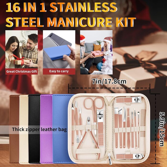 Набір для манікюру та педикюру, 16 шт. з нержавіючої сталі, професійний набір для догляду за нігтями з портативним шкіряним етиулюком, чорний/рожевий