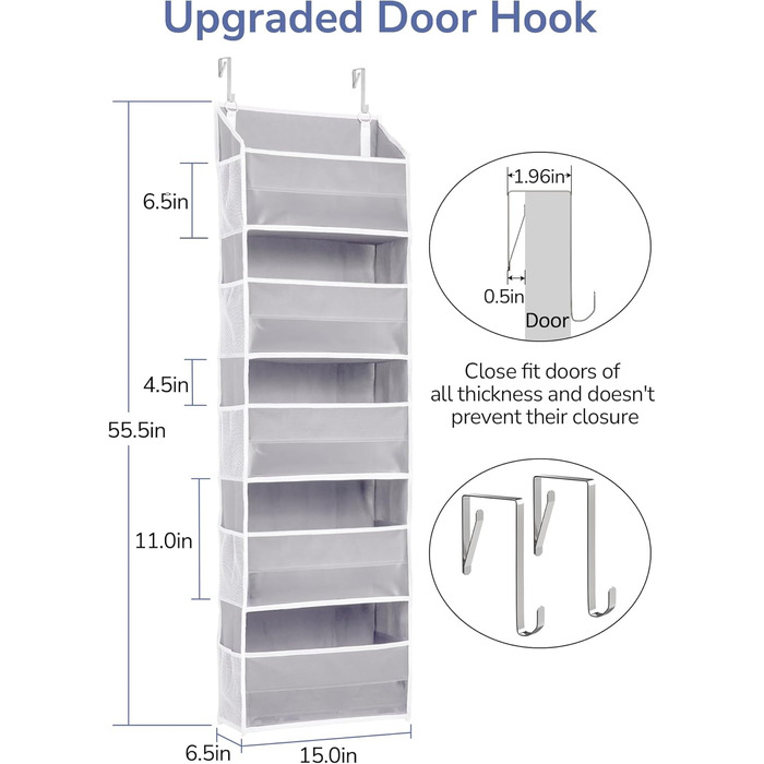 Органайзер для дверей ULG з 5 великими та 10 сітчастими кишенями, вантажопідйомність 20 кг, для спальні, ванної, кухні (сірий)