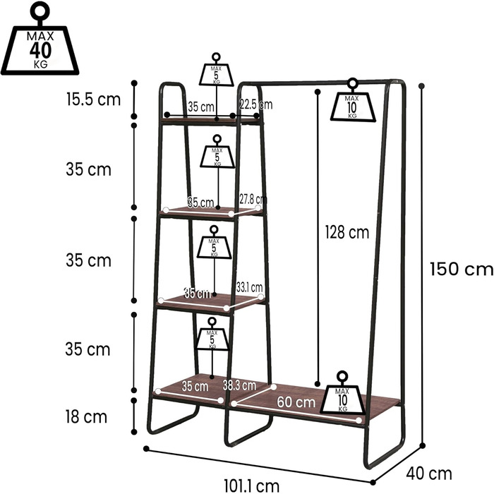 Iris Ohyama Clothes Rack with Wooden Shelves, 4 Levels, White, Modern Design, Robust Frame, Non-Slip, For Bedroom, Studio, Closet, Clothes & Shoes, Laundry Rack, Easy Assembly, (Black, 2 Shelves + Panels)