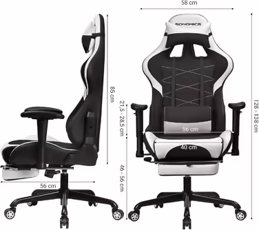 SONGMICS Gaming Chair with Footrest, 330 lbs, Office Chair, Desk Chair, Lumbar Pillow, Headrest, High Backrest, Ergonomic, Steel, Faux Leather, Breathable Mesh Fabric, Black-White RCG52BW Black + White