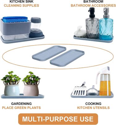 Стильний тримач для мила з силікону для раковини, органайзер для кухні, ванної, туалетного столика, столу, зберігання губки, мила, щітки, косметики, пляшок, довговічний, 2 шт. (23.5 x 9.5 x 1.4 см, Сірий)