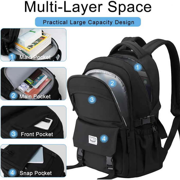 Шкільний рюкзак для підлітків: водонепроникний, з відділенням для ноутбука 15.6 дюймів, легкий, чорний
