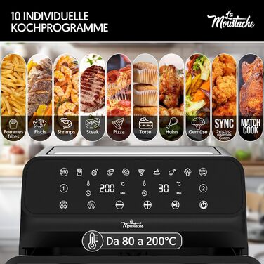 La Moustache фритюрниця повітряна 6,5 л, 1700 Вт, 8 програм, цифрове сенсорне управління, антипригарна, таймер, книга рецептів, без олії (Essential Plus)