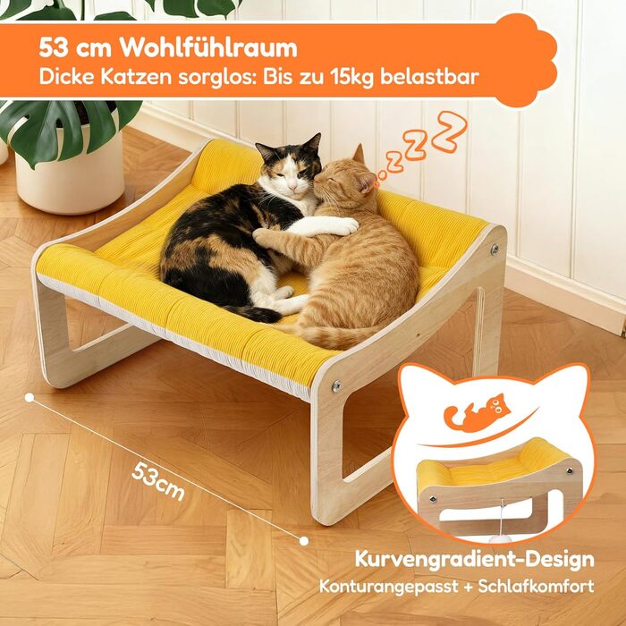 Крак-стійка для котів з великим ліжком Luxus, жовта | З міцного березового дерева, сизаль, 25 кг, біо-льон