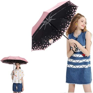 Зонт компактний та складаний з UV-захистом, переносний від Voy Lady – Рожевий, з квітковим малюнком (кіт) – діаметр 96 см