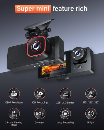 Автомобільний відеореєстратор Bestsee 1080P 3-канальний (передній, задній та салонний) з карткою пам'яті 64GB