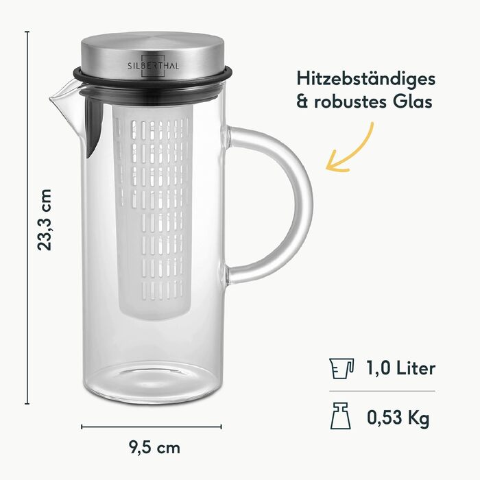 SILBERTHAL Glass Carafe with Lid - 1 Liter Carafe with Fruit Strainer - Dishwasher Safe & Heat Resistant