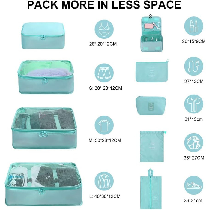 Органайзер для валізи OSDUE, набір 9 шт., Packing Cubes, водонепроникні сумки для одягу, сумки для пакування, кубики для пакування з косметичкою та USB-сумкою (Бежевий) (B-світлоблакитний 9шт)