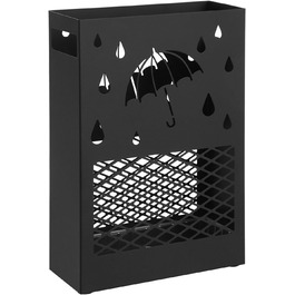 SONGMICS Metal Umbrella Stand with Water Tray, 4 Hooks, Cutout Design - Black for Entryway & Office