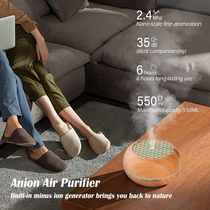 Дифузор Aroma Simpeak 550мл, ультразвуковий аромадифузор з дерева для ефірних олій, зволожувач повітря з пультом дистанційного керування, світло-коричневий