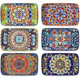 Vancasso Serving Plates, Porcelain, SIMI Rectangular Plate Set, 6-Piece Bohemian Dinner Plate Set, Plate Set for 6 People, 22 x 13 x H 2.3cm