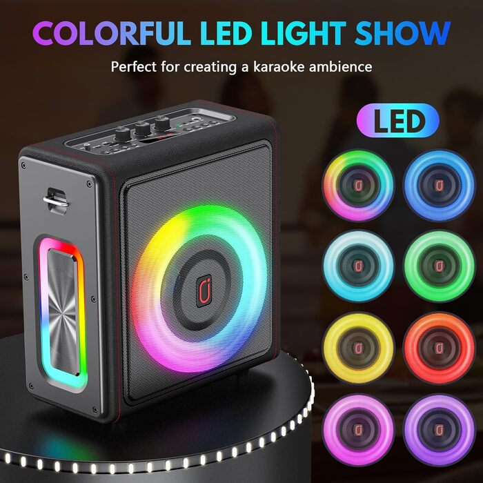 Караоке машина HWWR з 2 бездротовими мікрофонами, портативна Bluetooth 5.3 акустика з RGB-підсвіткою, PA-система для вечірок, Partybox, TWS, чорний