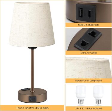 Настільна лампа Kakanuo з торшером, 2 шт., з USB-портами та диммуванням, для спальні, вітальні, дитячої кімнати, офісу