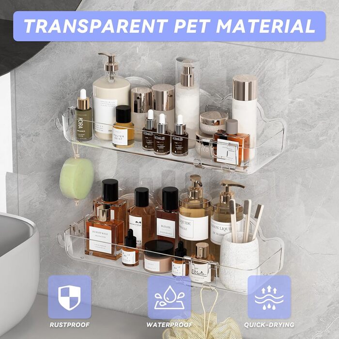 Полиця для душу без свердління, 6 шт. Настінна полиця для ванної кімнати з тримачем для фену та гачками, полиця для душу з нержавіючої сталі, органайзер для ванної кімнати та кухні сірого кольору (2-прозорий)