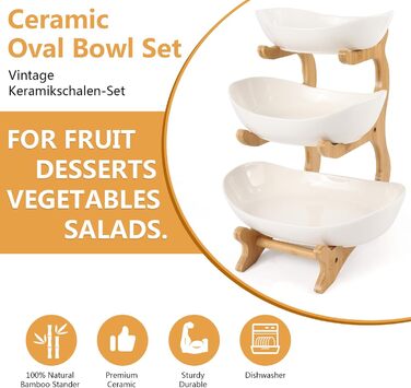 Багатоярусна фруктова миска з кераміки для кухні, 3 яруси, з дерев'яними підставками, для овочів, фруктів, снеків, декор