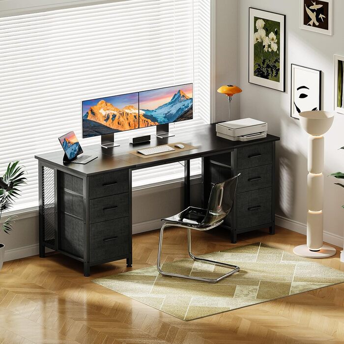 Комп'ютерний стіл Coleshome з 6 висувними ящиками, 160x52 см, з полицями для дому та офісу (чорний)