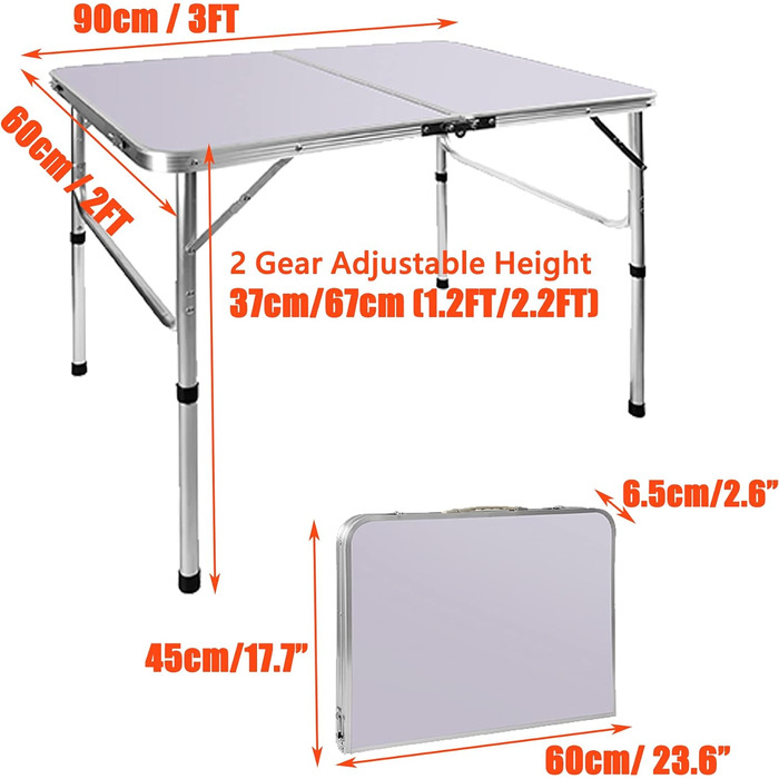 Складний столик для пікніка, 90 см, алюміній, регульована висота, легкий, для кемпінгу та саду (90 x 60 x 37/67 см)
