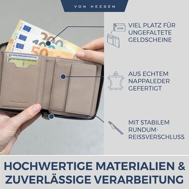 Гаманець VON HEESEN з натуральної шкіри з RFID-захистом, з монетницею, для чоловіків і жінок, колір таупе