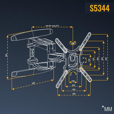 Кріплення для телевізора RICOO S4764: поворотне та нахильне, для телевізорів 40-75 дюймів, VESA до 600x400, вантажопідйомність до 60 кг, підходить для Smart TV