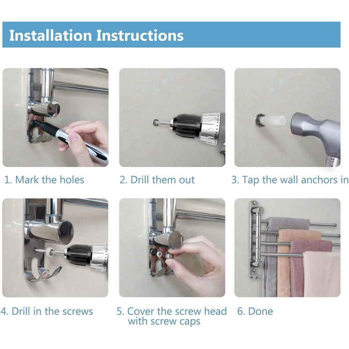 Підставка для рушників JSVER на 360° з нержавіючої сталі, з 4-ма кріпленнями, поворотна, на стіну, для ванної, кухні та гардеробу, срібна