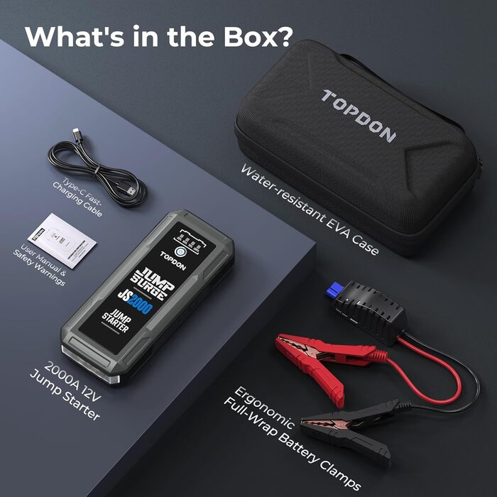 TOPDON JS3000 Powerbank для запуску двигуна: Jump Starter для авто до 9л бензину та 7л дизеля, 24000mAh (2500A), LED, Eva-сумка
