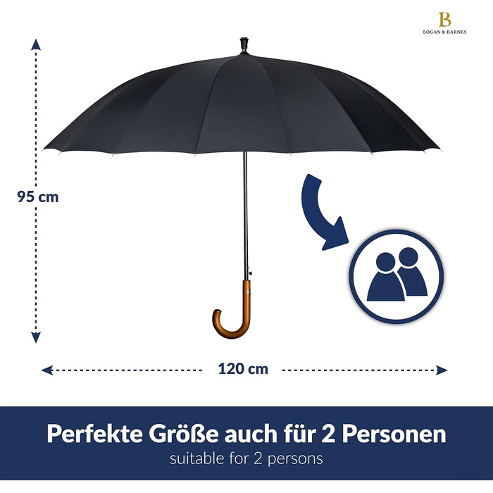 Edinburgh Windproof Umbrella - Large 16-Rib Black Umbrella with Wooden Handle & Silent Tip - LOGAN & BARNES