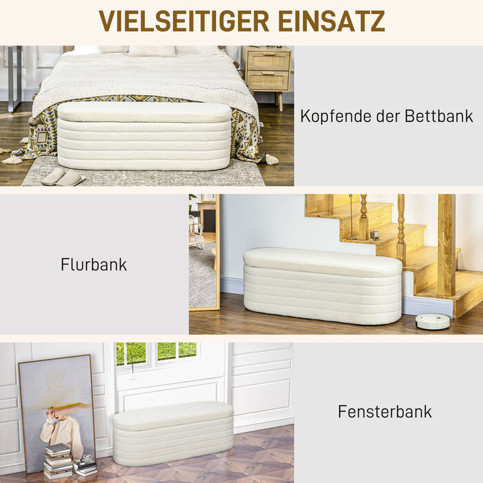 HOMCOM Bedroom Bed Bench with Storage and Wooden Legs, High Stability, Teddy Fleece, 120 kg Load Capacity, 116x41x40.5 cm, Cream White